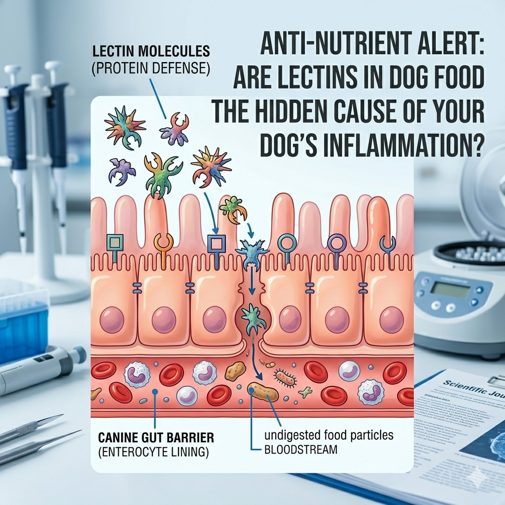 A detailed diagram showing how lectin proteins bind to the canine intestinal lining, causing inflammation.