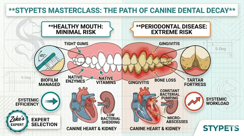 Educational infographic by Zeke illustrating the progression of periodontal disease in dogs, comparing healthy gums against the systemic impact of tartar on heart and kidney function.