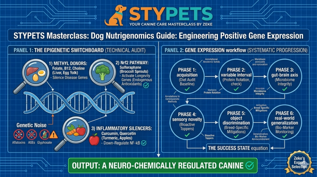 A technical STYPETS infographic on an engineering grid illustrating the dog nutrigenomics guide. Panels show the Nrf2 pathway activation by sulforaphane, methyl donors in organ meats, and the gut-genome axis with Zeke’s Expert Selection badge.