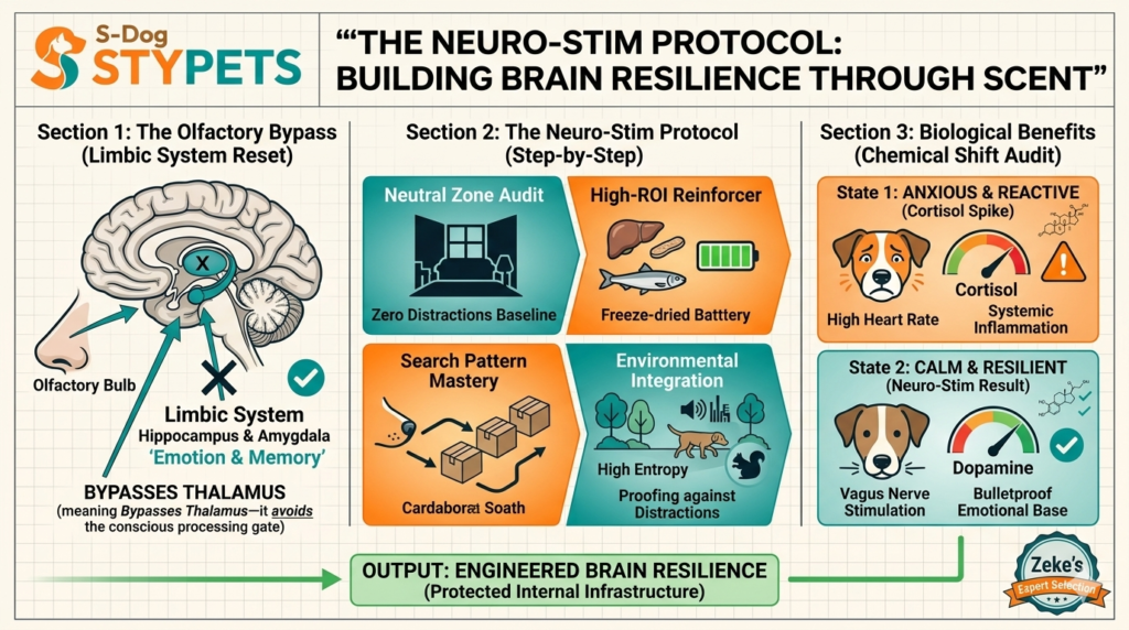 A technical STYPETS blueprint showing the Neuro-Stim Protocol for dog scent work for anxiety, illustrating the link between the olfactory bulb and the limbic system for cortisol reduction.