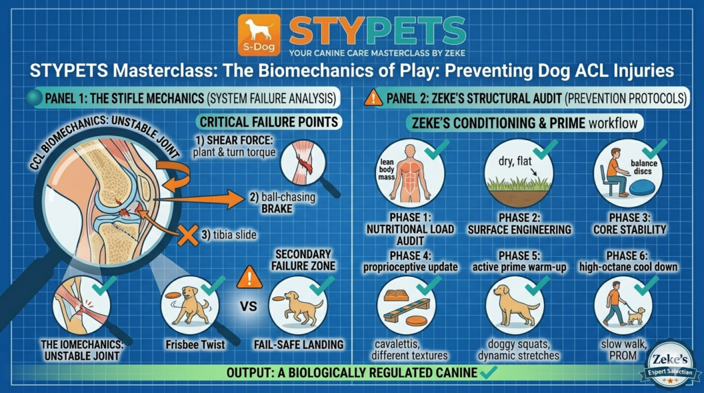 A technical engineering infographic detailing the biomechanics of preventing dog acl injuries. The graphic shows force vectors on a canine hind limb, core muscle groups for stabilisation