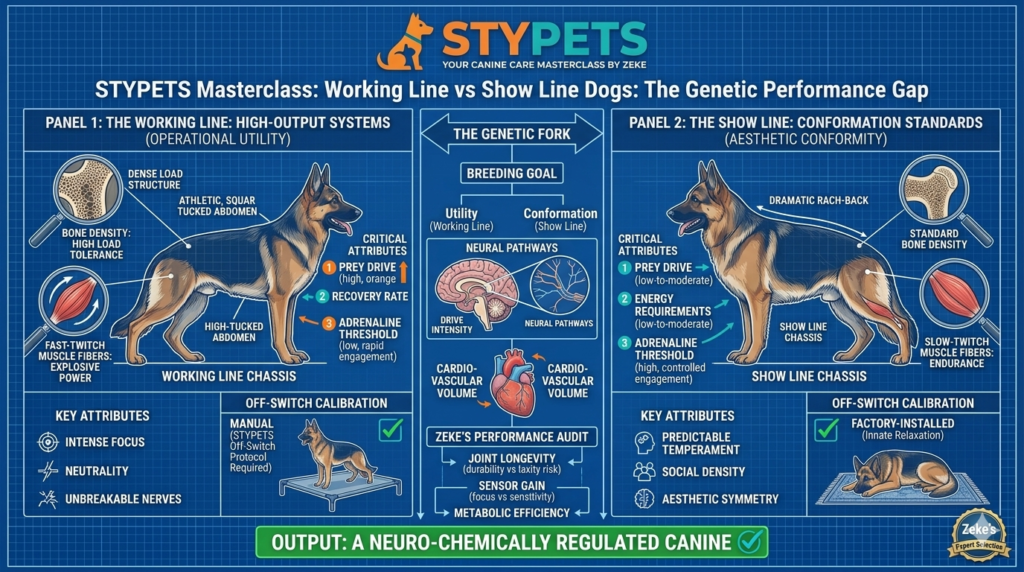 A STYPETS technical blueprint comparing a working line vs show line dog on an architectural grid. Panel 1 shows the athletic 'High-Output' working line with high drive markers. Panel 2 shows the aesthetic 'Conformation' show line with lower energy markers. 

