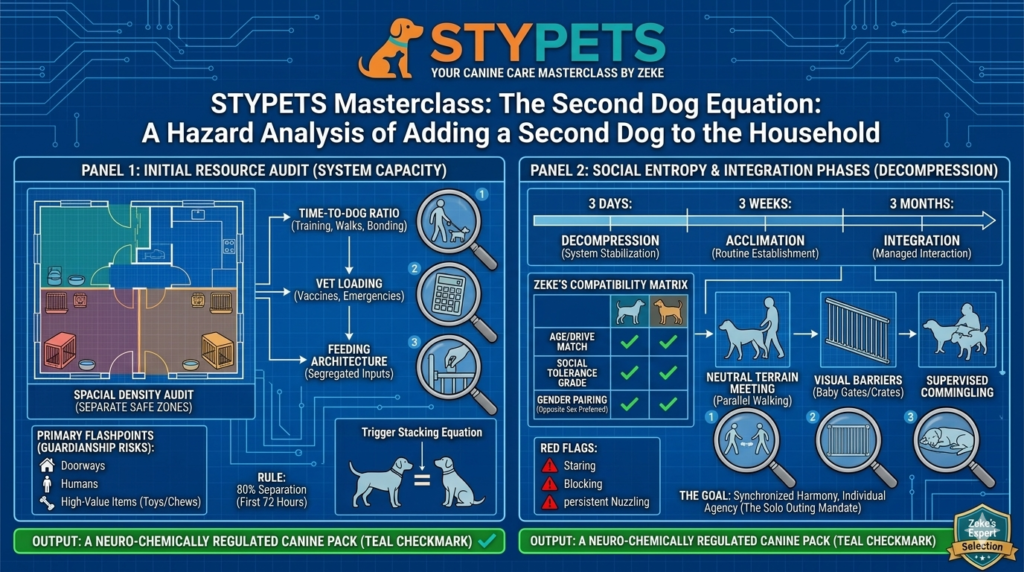 A technical STYPETS infographic on an engineering grid background detailing the steps for adding a second dog to the household. It includes icons for neutral meetings, resource management, separate feeding zones, and the 3-3-3 rule.