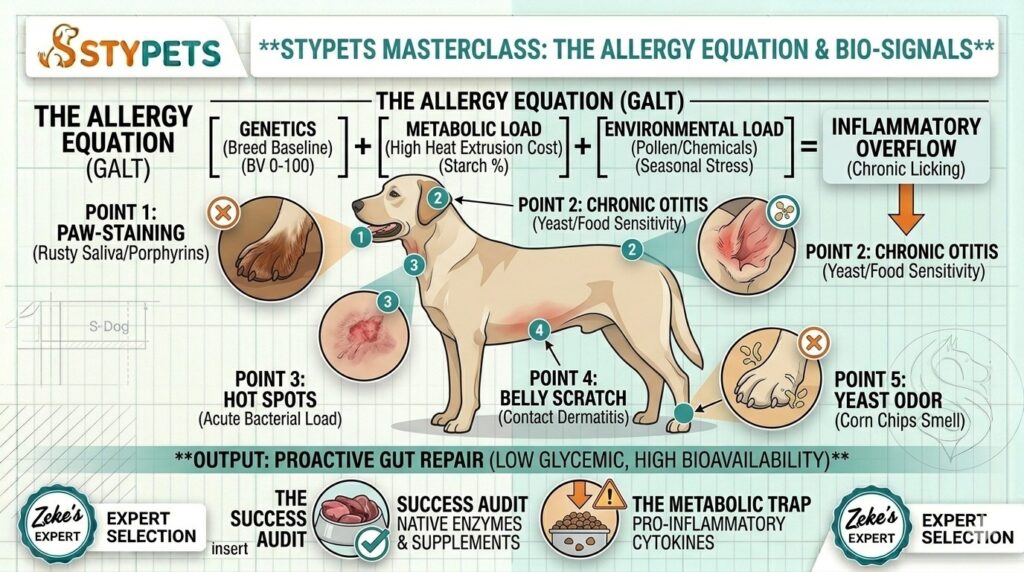 Feature image blueprint collage by Zeke illustrating the STYPETS Allergy Equation: Genetics + Metabolic Load + Environmental Load = Inflammatory Overflow. Shows topographical bio-signals on a dog's body including paw-staining and chronic otitis.