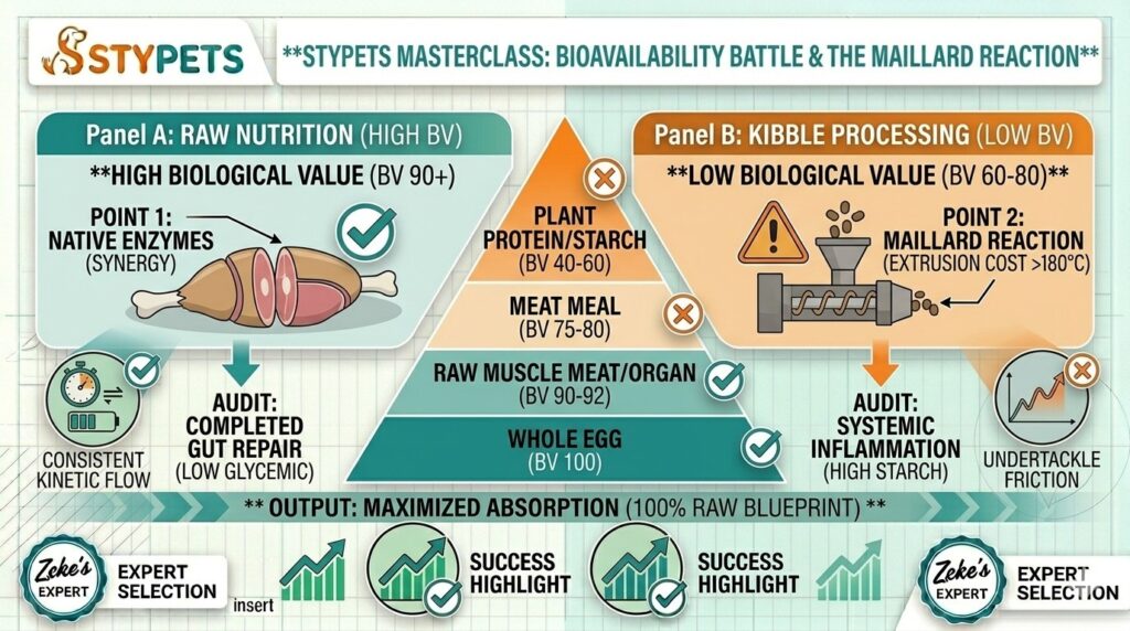 A technical nutrition blueprint by Zeke contrasting Raw vs. Kibble. Features the Bioavailability Pyramid showing Biological Value (BV) scores for whole egg, raw meat, and plant proteins, alongside a diagram of the Maillard Reaction and extrusion cost.