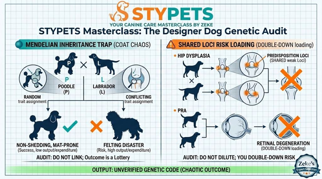 Feature image blueprint infographic by Zeke illustrating the genetic audit of the designer dog phenomenon. It contrasts the unpredictable outcomes of coat traits due to Mendelian chaotic chaos and double-down health risks from shared loci weaknesses, structured as a systematic educational diagram.
