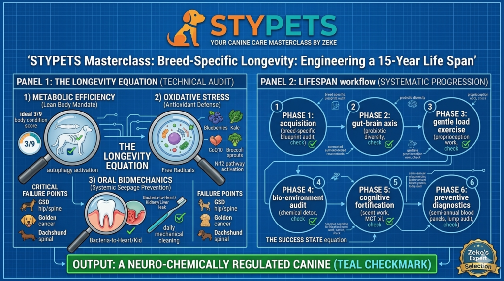 A STYPETS technical blueprint for how to increase dog lifespan. A split-panel infographic showing the "Longevity Equation" with icons for lean BCS, dental hygiene, antioxidant loading, and chemical detox on an engineering grid.