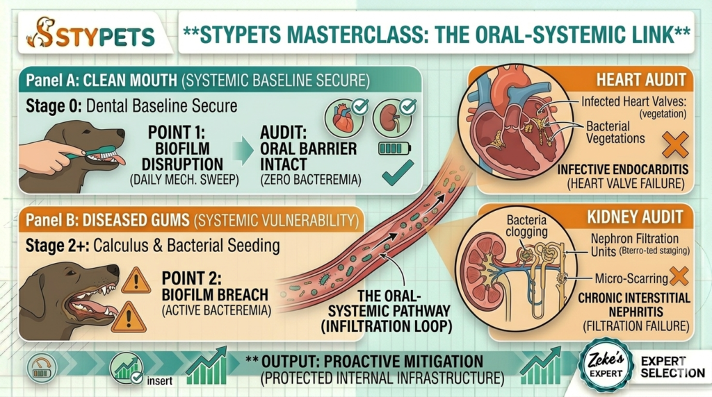Feature image blueprint collage by Zeke illustrating the STYPETS Canine Oral-Systemic Link. It contrasts a Clean Mouth (Systemic Baseline Secure) with diseased gums showing active bacterium infiltration traveling to infect heart valves with vegetations and clog kidney filtration units with micro-scarring, structured as a systematic educational infographic.