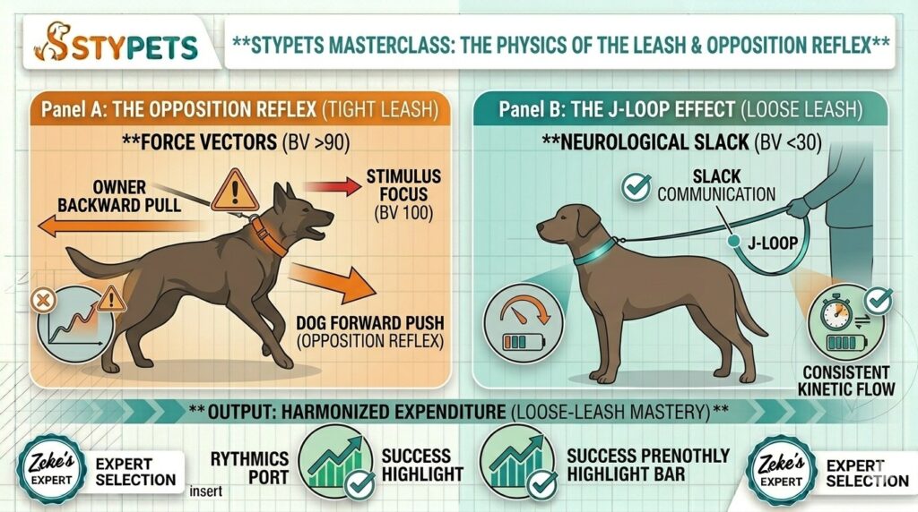 A technical blueprint infographic by Zeke comparing the Physics of the Walk. Panel A shows a dog pulling against a tight leash (Opposition Reflex) with force vectors. Panel B shows a dog in a 'J-Loop' loose-leash state with clear communication signals.