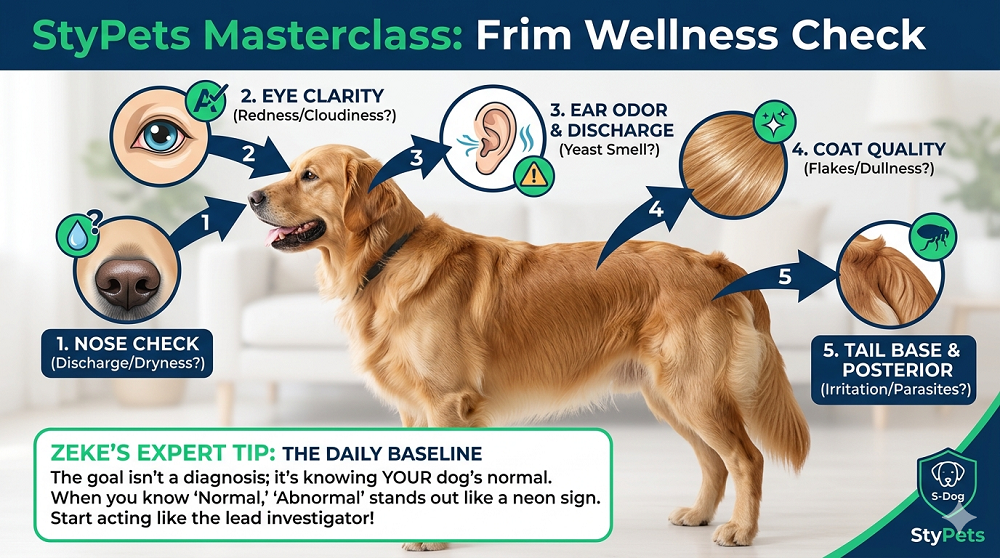 Expert infographic by Zeke outlining the 5-step daily physical 'Nose-to-Tail' scan for home dog wellness checks.