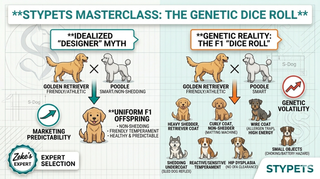 Educational infographic by Zeke illustrating the 'Genetic Dice Roll' of crossing purebred dogs, comparing the idealized 'Designer' myth against the real genetic volatility of an F1 litter, including varied coats and unpredictable traits.