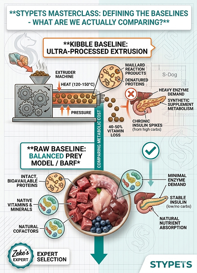 Educational infographic by Zeke comparing the biological baselines of ultra-processed kibble versus a fresh raw diet for dogs, focusing on bioavailability and metabolic cost.