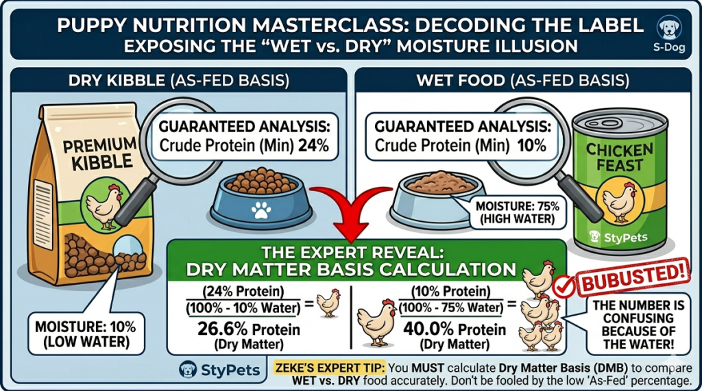 Expert infographic by Zeke comparing guaranteed analysis protein percentages for wet food vs dry kibble on a dry matter basis.