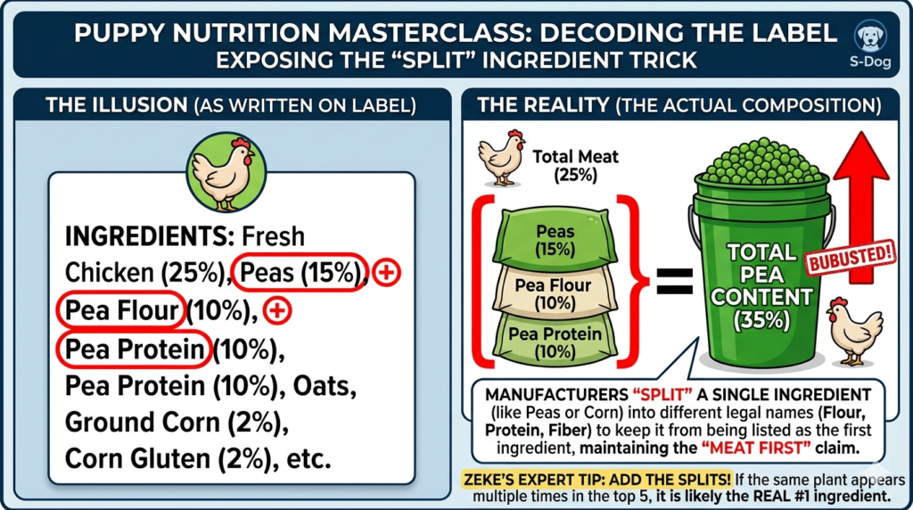 Infographic by Zeke explaining how dog food manufacturers split ingredients like peas and corn to hide high carbohydrate content.
