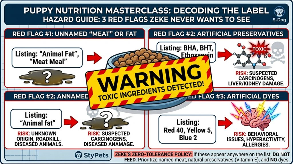 Expert infographic by Zeke detailing 3 toxic red flag ingredients to avoid in dog food labels: BHA, BHT, unnamed fat, and artificial dyes.