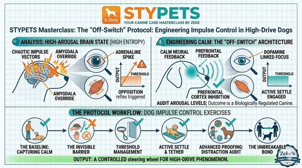 A schematic technical infographic in a blueprint collage style illustrating the STYPETS "Off-Switch" Protocol for dog impulse control exercises. It contrasts high-arousal brain states with regulated calm on an architectural grid background. The STYPETS logo is at the top.