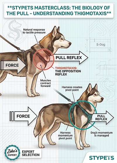 Expert diagram illustration by Zeke explaining Thigmotaxis (Opposition Reflex) in dogs, comparing a standard back-clip harness to a front-clip harness.