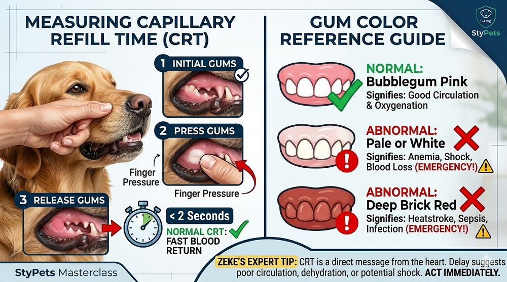 Expert diagram by Zeke showing how to assess dog gum color and capillary refill time (CRT) as part of a wellness check.