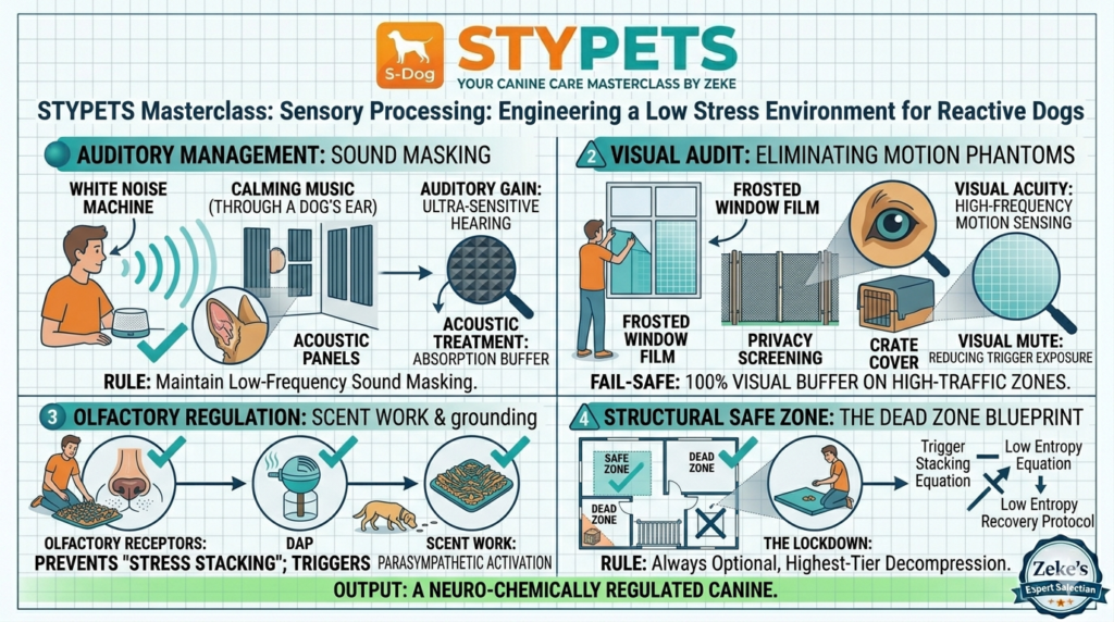 A technical engineering blueprint on a grid background detailing a low stress environment for reactive dogs. It features zones for sound masking, visual barriers (frosted glass), and a dedicated Safe Zone. The STYPETS logo and Zeke’s Expert Selection badge are visible.