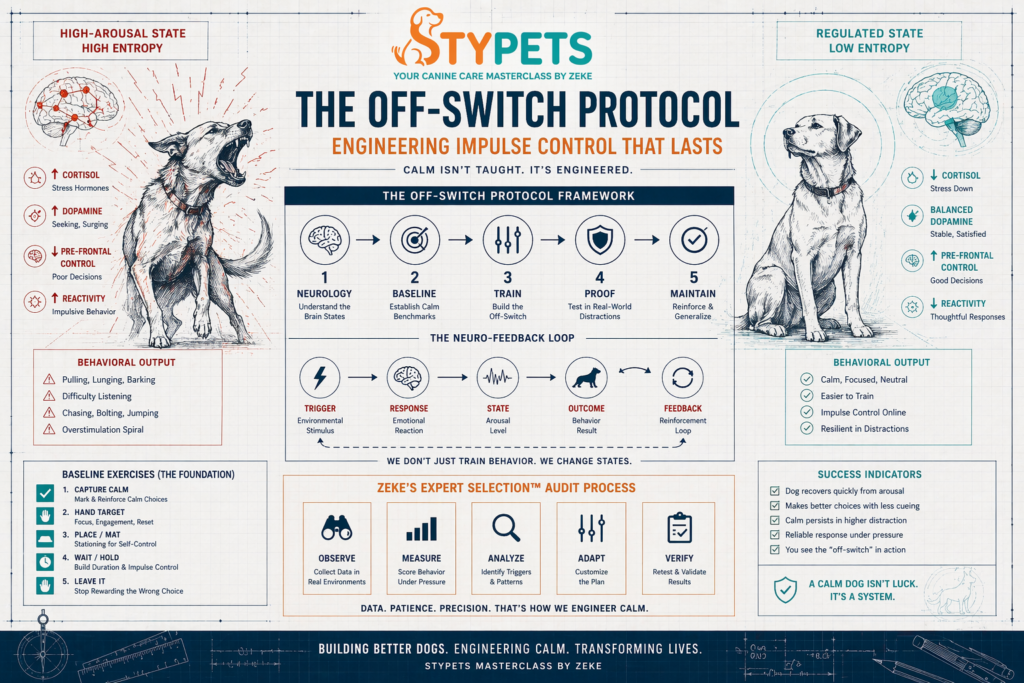 A schematic technical infographic in a blueprint collage style illustrating the STYPETS "Off-Switch" Protocol for dog impulse control exercises.