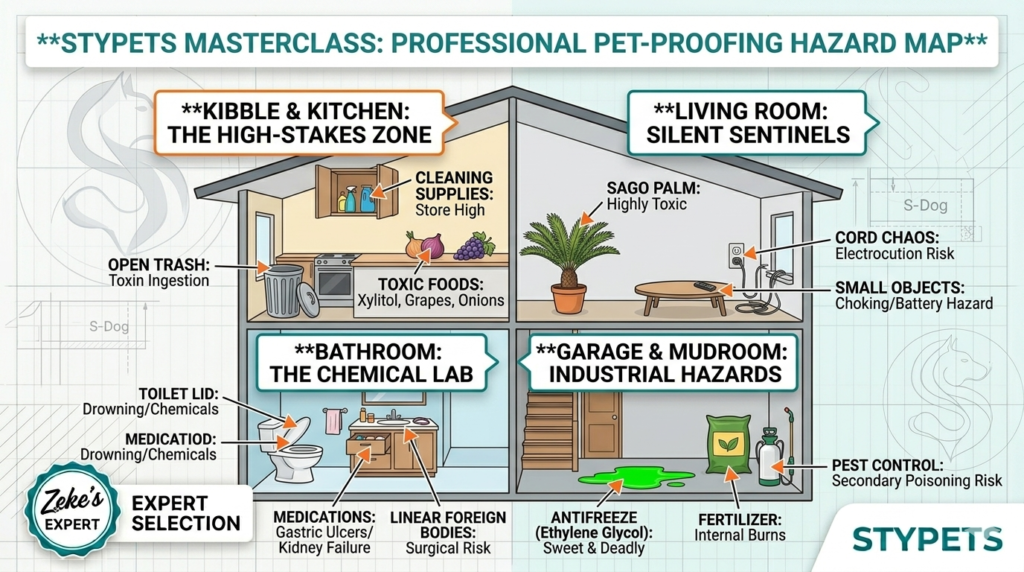 Expert featured image by Zeke illustrating a complete home pet-proofing hazard audit, showing specific dangers in the kitchen, living room, bathroom, and garage using blueprint style graphics.