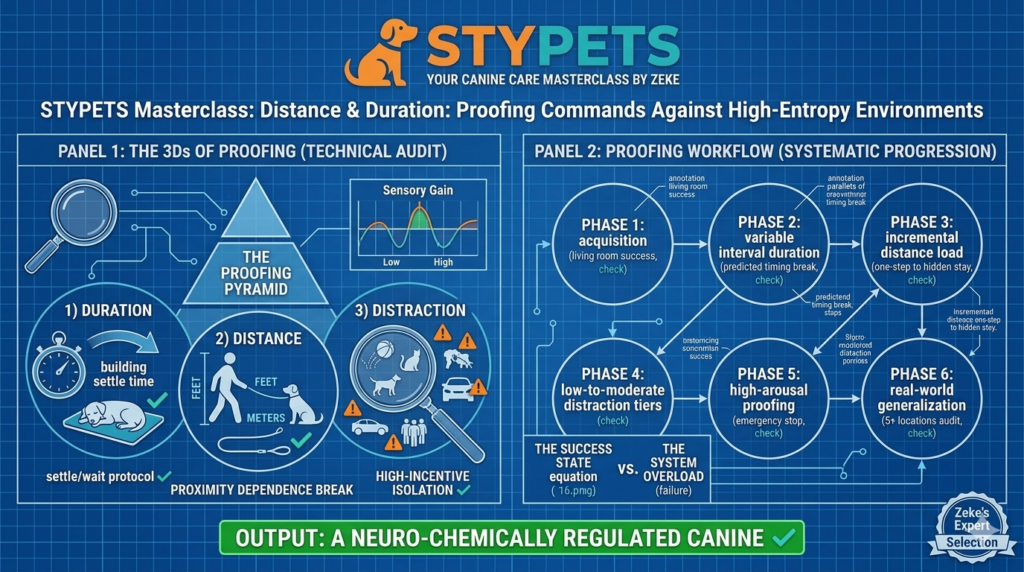 STYPETS Technical Blueprint for Proofing Dog Training Commands: A 2-panel infographic detailing the '3Ds of Proofing' (Distance, Duration, and Distraction) and the 6-phase systematic training workflow on an engineering grid background.