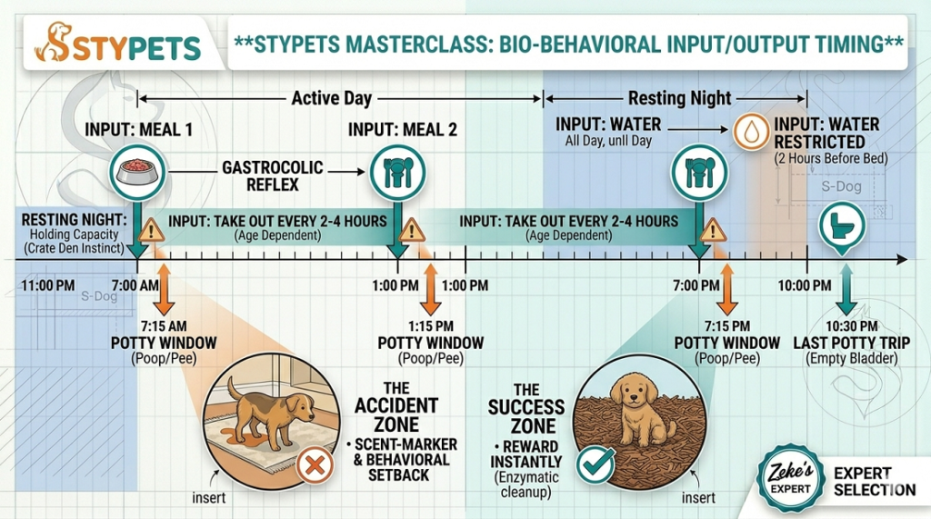 Professional timeline infographic by Zeke illustrating the relationship between meal input, the gastrocolic reflex, and scheduled potty windows for accelerated puppy training.