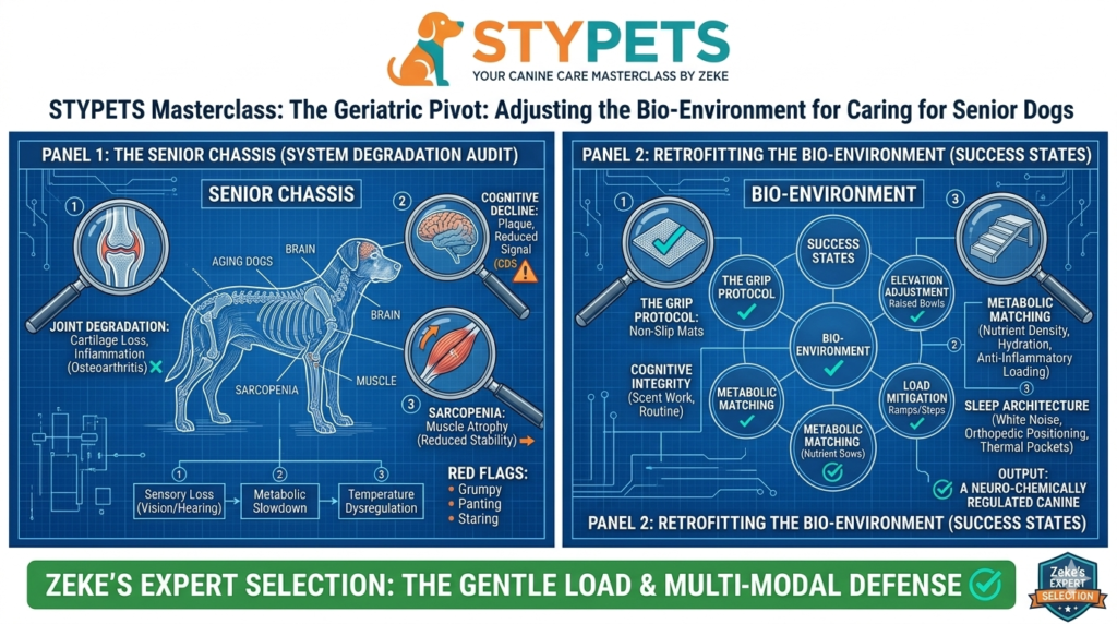 A STYPETS technical blueprint for caring for senior dogs. The infographic shows a home floor plan with non-slip mats, raised bowls, and ramp access points on an engineering grid background with Zeke’s Expert Selection badge.