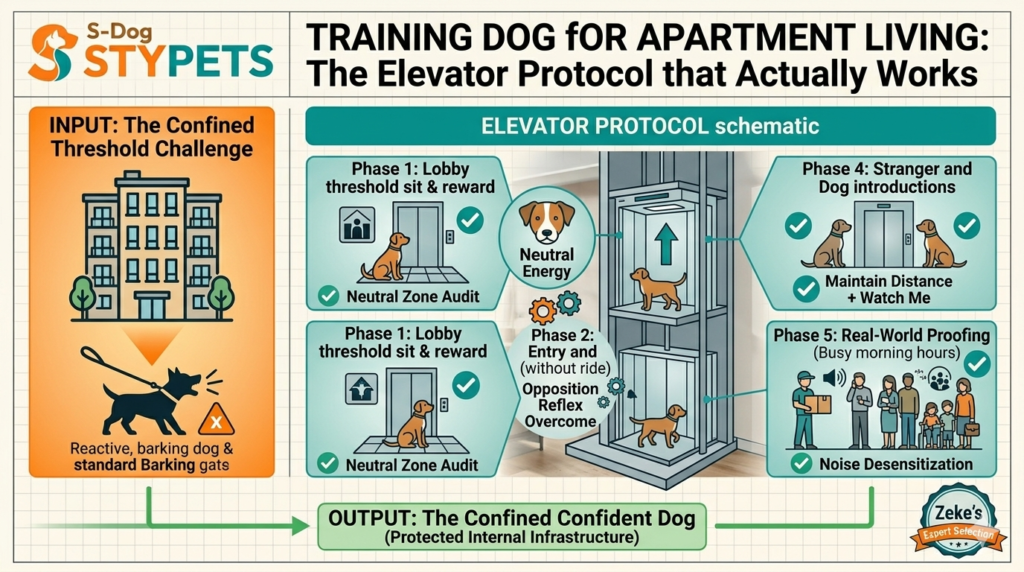 A feature image schematic infographic by Zeke illustrating the STYPETS Elevator Protocol for apartment dog training. It contrasts input from a reactive dog facing a confined threshold challenge with a structured 5-phase desensitization schematic (lobby, entry, ride, social, proofing) for navigating multi-story buildings, culminating in a calm, confident urban dog result.