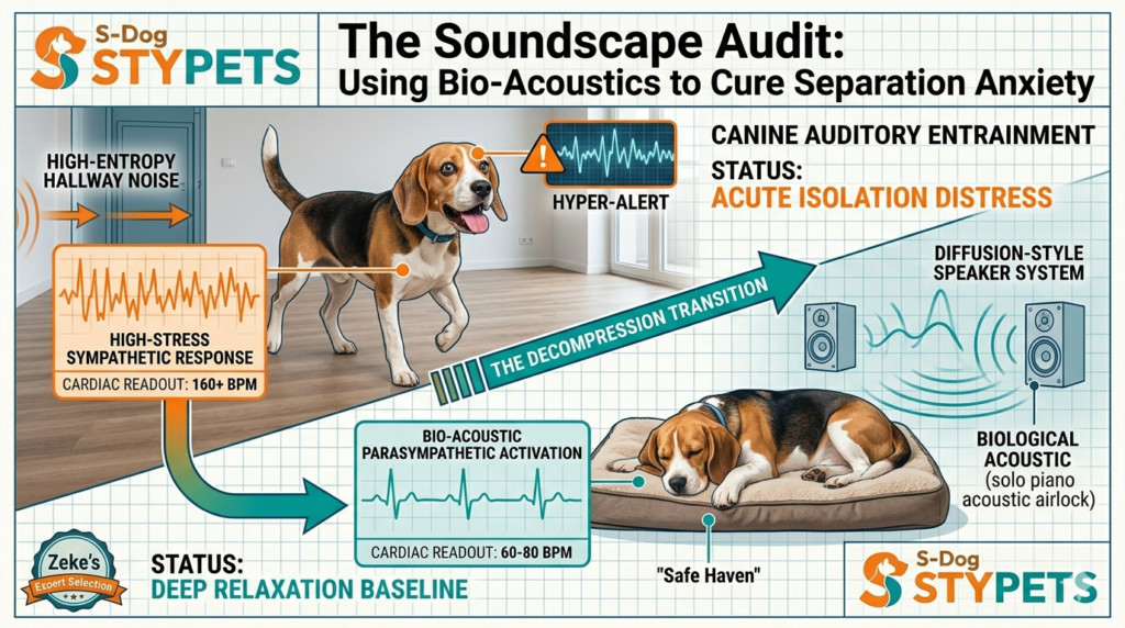A STYPETS technical blueprint diagram visualizing dog calming music science. The top diagnostic panel shows a stressed Beagle in acute isolation distress with high cortisol and 160+ BPM. The bottom panel shows the same Beagle resting deeply on a Safe Haven mat (Teal) with a stabilized heart rate of 60-80 BPM, demonstrating canine auditory entrainment from an acoustic airlock (solo piano). Verified by Zeke.