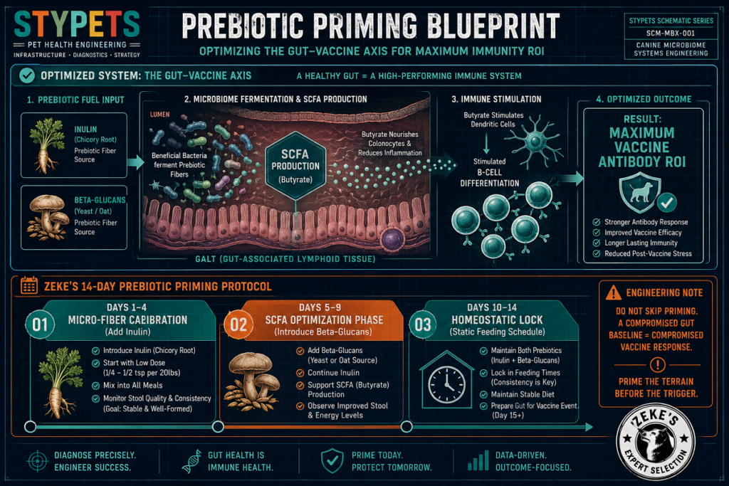 A technical STYPET infographic illustrating the gut-vaccine axis, showing how prebiotic fibers feed beneficial gut bacteria to produce short-chain fatty acids that optimize dog gut health and immunity.