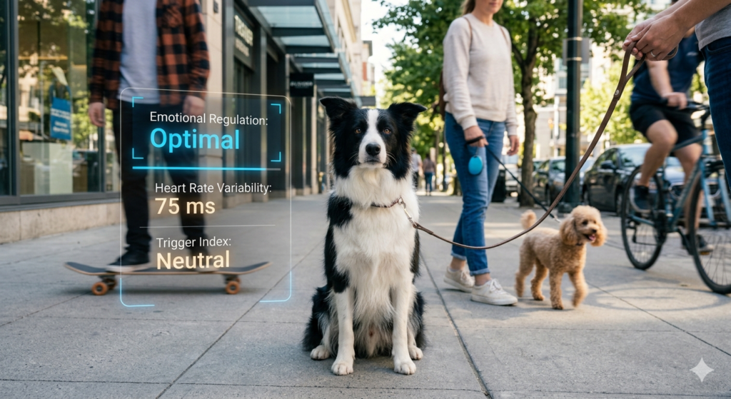 A Border Collie exhibiting optimal emotional regulation and a neutral trigger index during urban dog neutrality training.