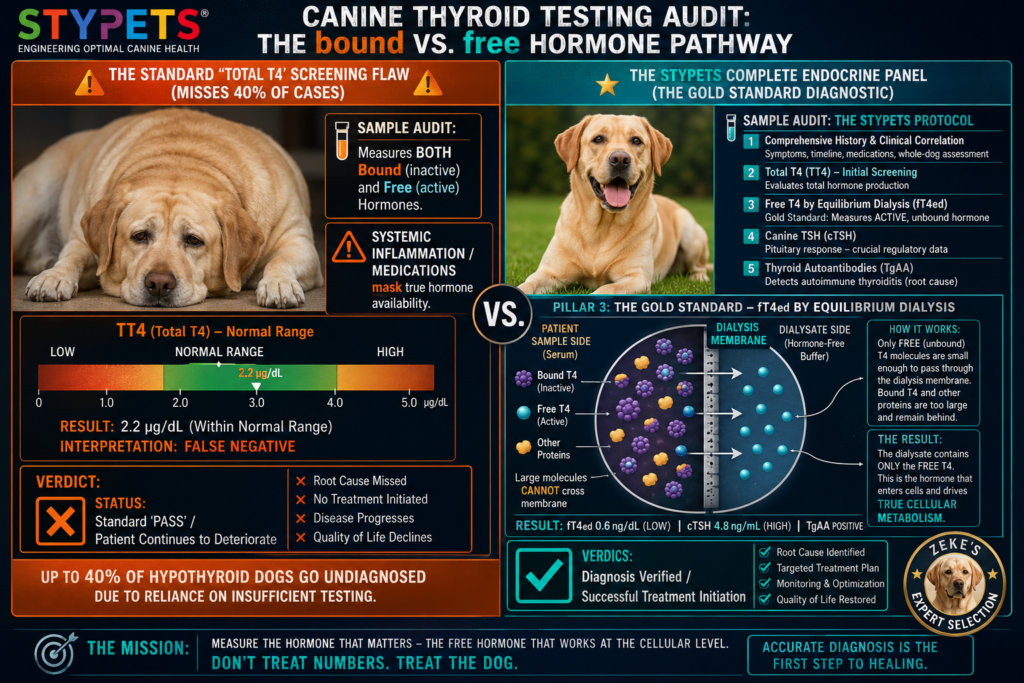 Don't miss the diagnosis. This technical STYPETS diagnostic schematic visualizes why standard veterinary testing fails to identify hypothyroidism in dogs symptoms. The blueprint maps the 'bound vs. free hormone pathway', demonstrating how systemic inflammation and medication mask the Total T4 reading, leading to 40% misdiagnosis rates. The infographic details Zeke's complete five-pillar endocrine panel, including the 'Gold Standard' fT4ed via Equilibrium Dialysis to measure true cellular metabolism. A mandatory visual audit for advanced Dog Health engineering. Audited by Zeke.
