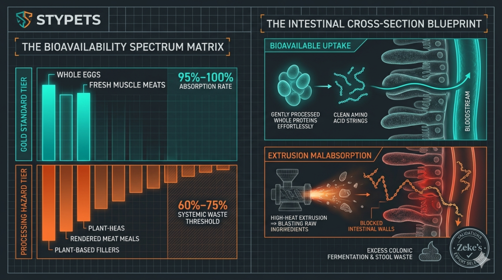 A detailed STYPETS nutritional engineering infographic showing a dog food digestibility chart. The comparative matrix uses a teal and charcoal layout to map out the absorption percentages of whole eggs, fresh muscle meat, organ meats, and plant proteins inside the canine intestinal tract, highlighting the superior cellular availability of whole foods over highly heat-processed alternatives. Verified by Zeke.