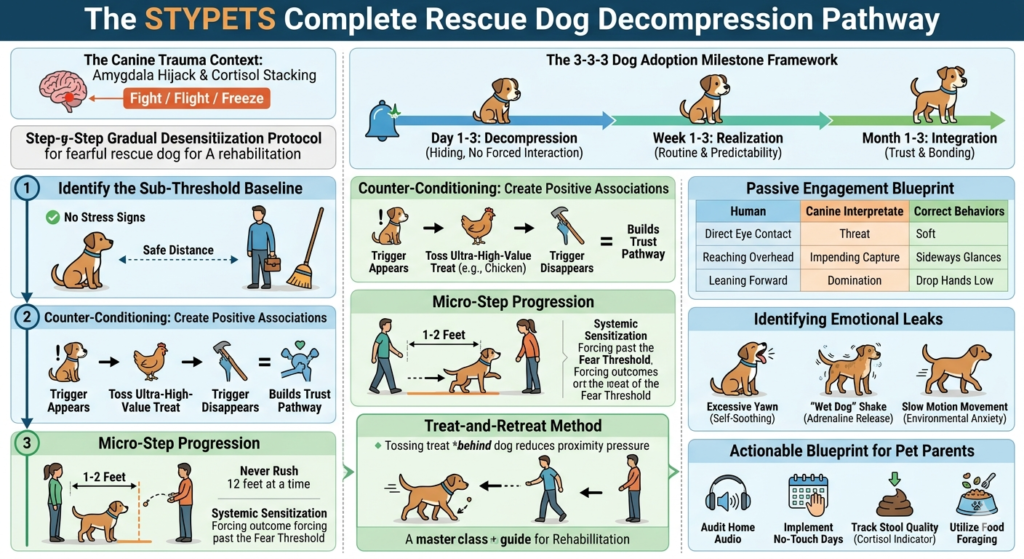 A detailed, systemized behavioral flowchart explaining the step-by-step gradual desensitization protocol for a fearful rescue dog, highlighting the sub-threshold baseline and the 3-3-3 Dog Adoption milestone framework. How to Help Fearful Rescue Dog