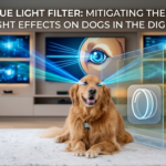 A dog resting in a living room with warm, amber-toned lighting, contrasting with a glowing blue computer screen in the background.