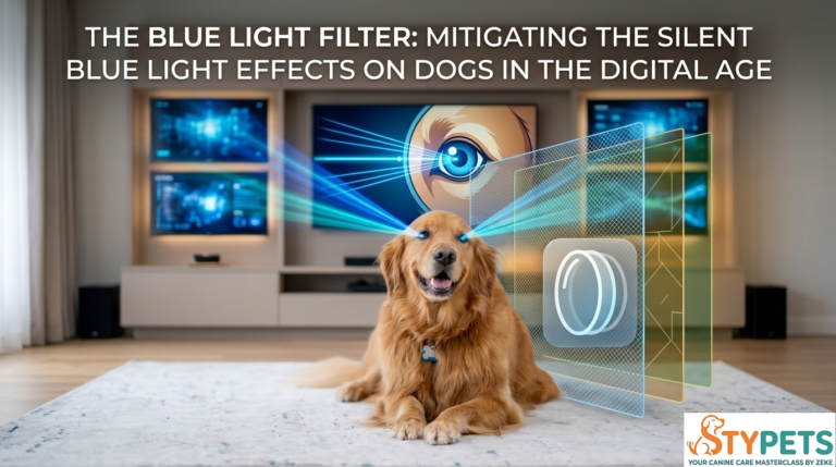 A dog resting in a living room with warm, amber-toned lighting, contrasting with a glowing blue computer screen in the background.