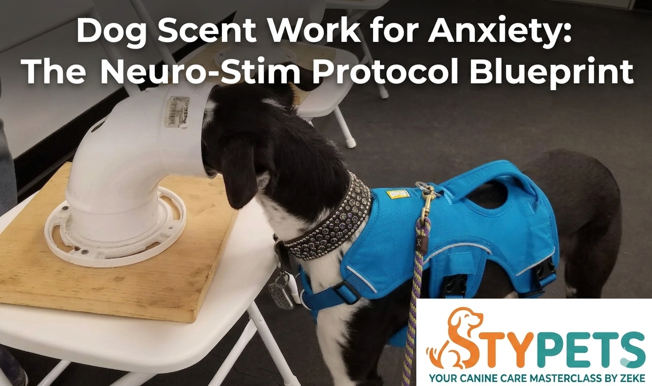 A technical STYPETS blueprint showing the Neuro-Stim Protocol for dog scent work for anxiety, illustrating the link between the olfactory bulb and the limbic system for cortisol reduction.