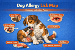 Infographic showing dog allergy lick map with common irritation points like paws, ears, and tail base.