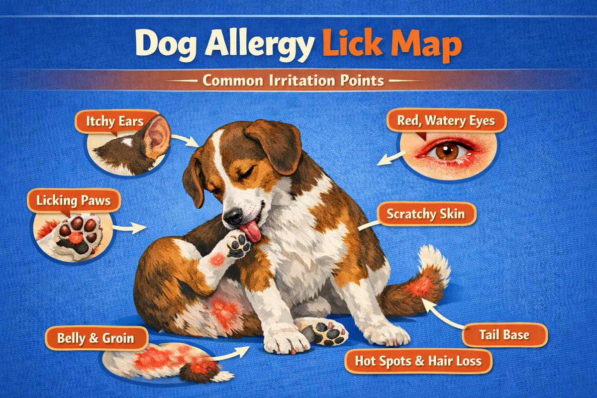 Infographic showing dog allergy lick map with common irritation points like paws, ears, and tail base.