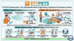 A professional engineering-style infographic on an architectural grid background detailing three phases of emergency recall training for dogs: Charging the Signal, Long Line Architecture, and Proofing against Environmental Chaos. The STYPETS logo is centered at the top.