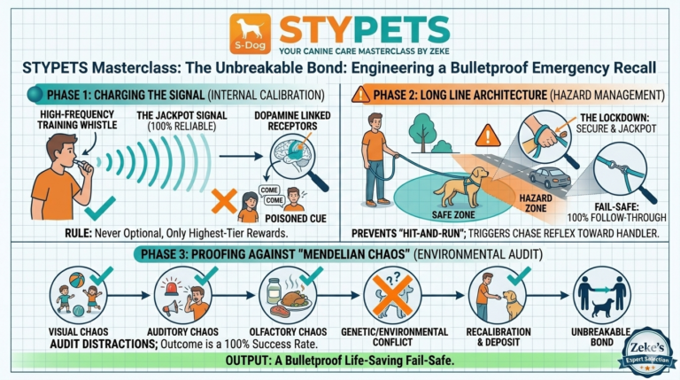 A professional engineering-style infographic on an architectural grid background detailing three phases of emergency recall training for dogs: Charging the Signal, Long Line Architecture, and Proofing against Environmental Chaos. The STYPETS logo is centered at the top.