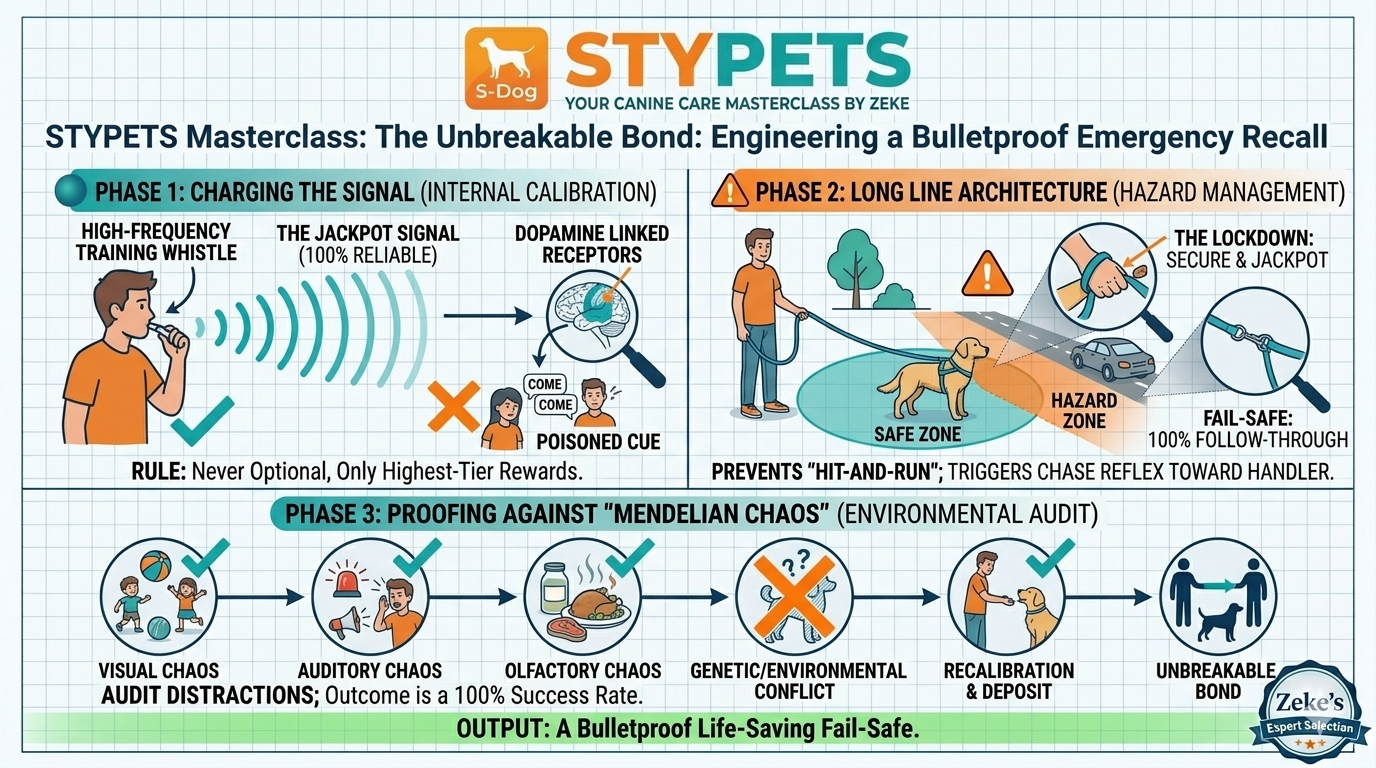 A professional engineering-style infographic on an architectural grid background detailing three phases of emergency recall training for dogs: Charging the Signal, Long Line Architecture, and Proofing against Environmental Chaos. The STYPETS logo is centered at the top.