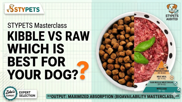 A technical nutrition blueprint by Zeke contrasting Raw vs. Kibble. Features the Bioavailability Pyramid showing Biological Value (BV) scores for whole egg, raw meat, and plant proteins, alongside a diagram of the Maillard Reaction and extrusion cost.