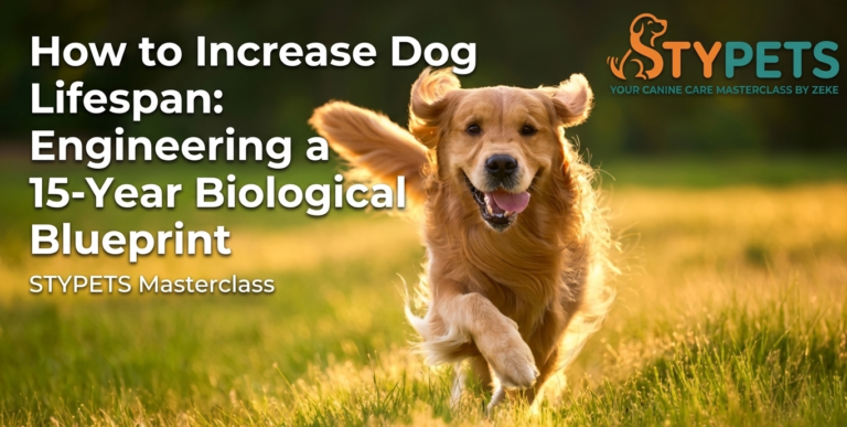 A STYPETS technical blueprint for how to increase dog lifespan. A split-panel infographic showing the "Longevity Equation" with icons for lean BCS, dental hygiene, antioxidant loading, and chemical detox on an engineering grid.