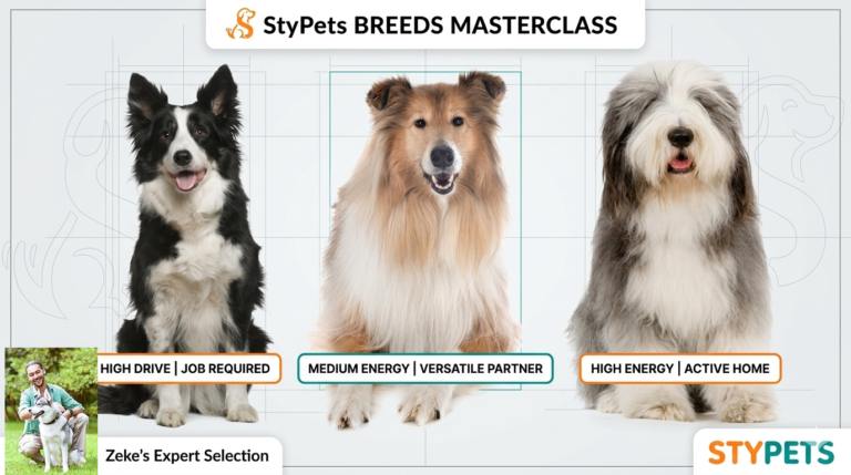 Expert breed comparison by Zeke showing energy level specs for Border, Rough, and Bearded Collies in a StyPets Masterclass guide.