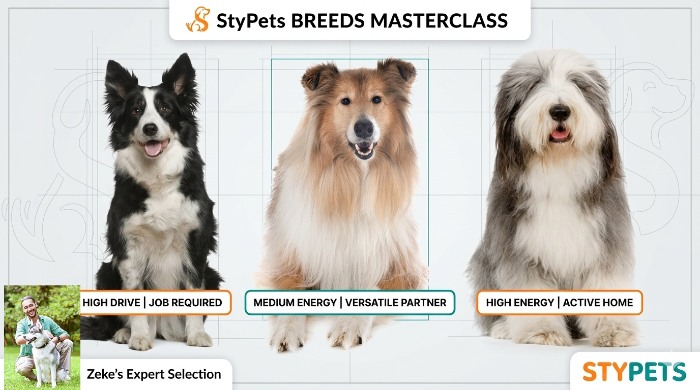 Expert breed comparison by Zeke showing energy level specs for Border, Rough, and Bearded Collies in a StyPets Masterclass guide.