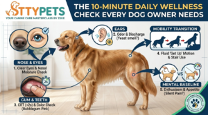 Featured image for Zeke’s guide at StyPets on how to perform a 10-minute daily dog wellness check.