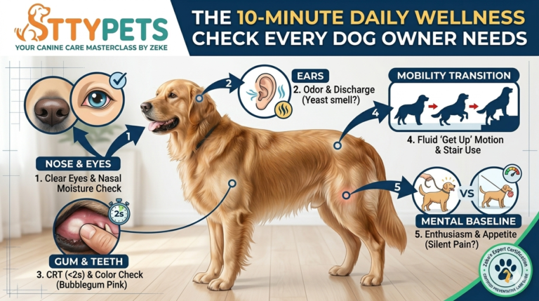 Featured image for Zeke’s guide at StyPets on how to perform a 10-minute daily dog wellness check.