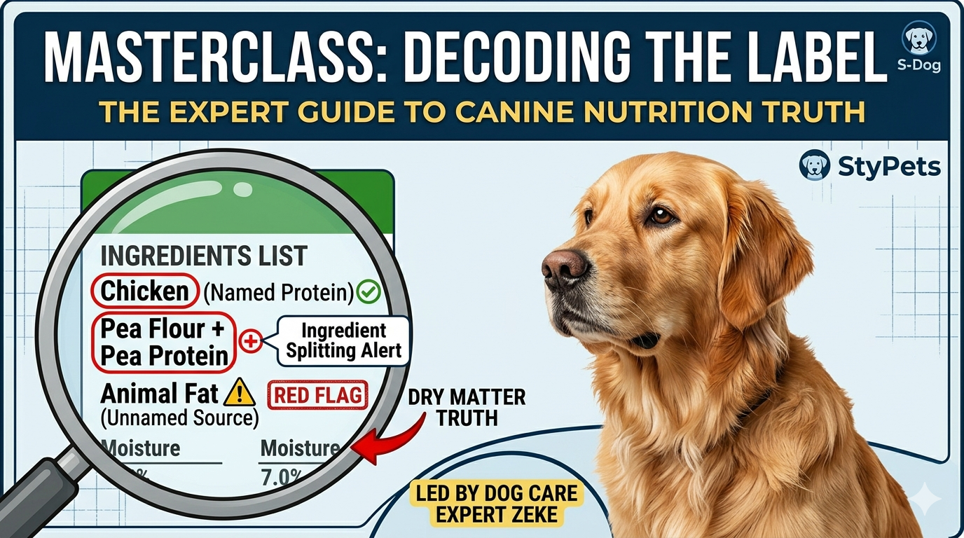 Expert guide by Zeke at StyPets on decoding dog food labels for optimal canine nutrition.